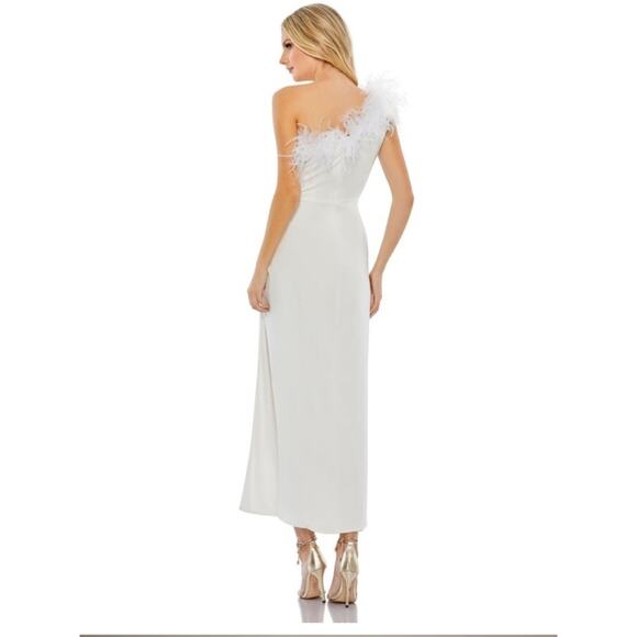 Mac Duggal 68147 White Feather Trim One Shoulder Dress Size 12 - Picture 6 of 9